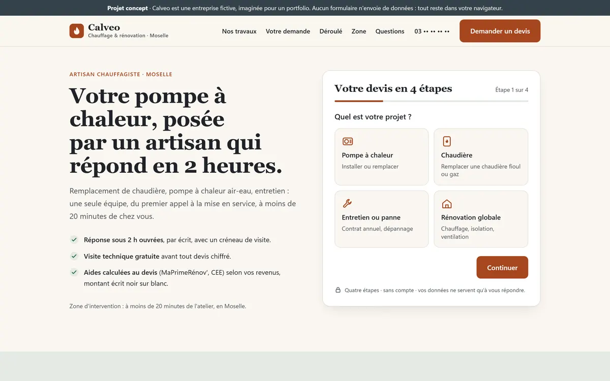 Accueil du site Calveo, projet d’études : le titre « Votre pompe à chaleur, posée par un artisan qui répond en 2 heures » et le formulaire de devis en 4 étapes, à droite.