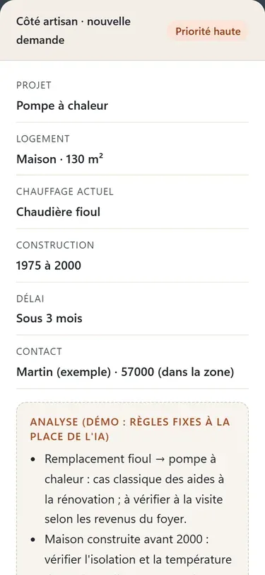 La fiche côté artisan sur téléphone : la demande classée, ce qu’il manque pour chiffrer et le brouillon de réponse.
